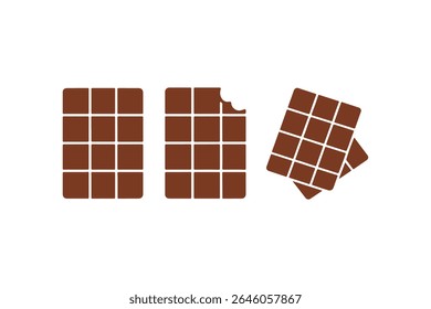 Vector illustration of chocolate bars including a whole, bitten, and stacked design. Perfect for dessert-themed projects, packaging, ads, and food industry graphics.