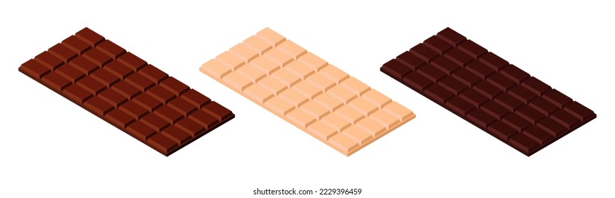 Vector illustration of chocolate bars isolated on white background. Set of white, dark and milk chocolate icons. Dessert.