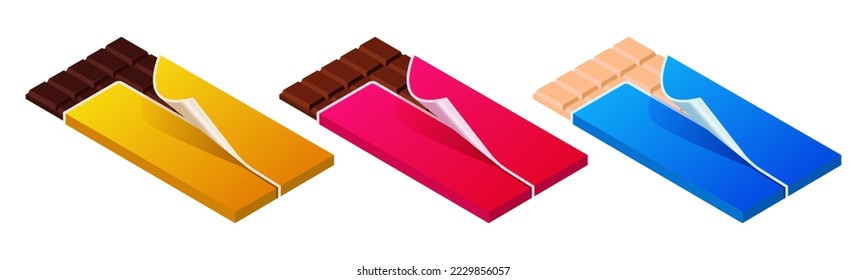 Vector illustration of chocolate bars isolated on white background. Set of white, dark and milk chocolate icons. Dessert.