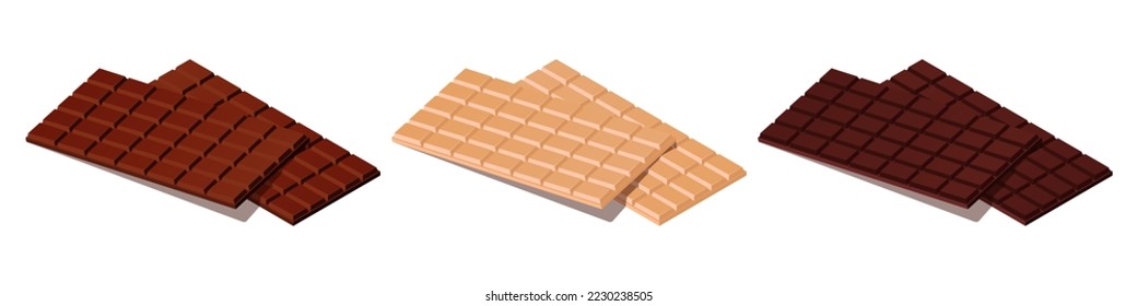 Vector illustration of chocolate bars isolated on white background. Set of white, dark and milk chocolate icons. Dessert.