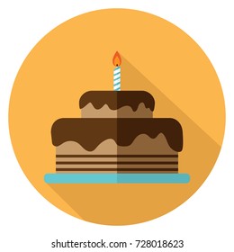 Vector Illustration Of Chocolate Birthday Cake Icon Flat Design On Yellow Background In Round Shape. Cake For Birthday Celebration With One Candle. Happy Birthday Card.