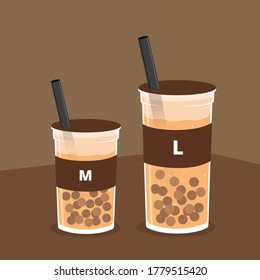 Vector illustration of chocolate boba with tapioka pearls on brown background. There are two sizes, medium and large cup with straw. Sweet dessert for kids, wallpaper, cover, poster, banner, advert.