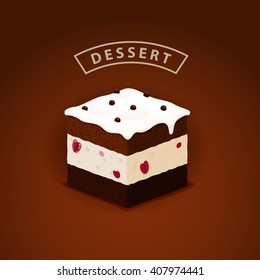 Vector illustration of the chocolate cake with cherry souffle and whipped cream.