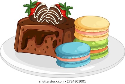 Ilustración vectorial de pastel de chocolate, fresas bañadas en chocolate y macarrones coloridos en un plato blanco