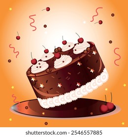 Vector illustration chocolate cake decorated with whipped cream and cherries. Festive mood