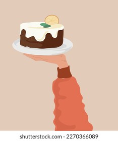 vector illustration of a chocolate cake with icing on a silver tray, on a hand