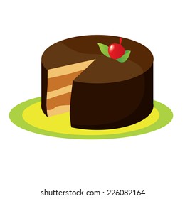 Vector illustration of a chocolate cake on a plate isolated on white