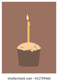 Vector illustration of a chocolate cake with one  flaming candle.