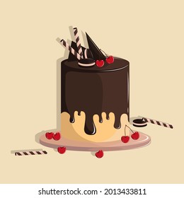 Vector illustration of chocolate cake. Red cherries wafer stick and cream cookies topping. melted chocolate glaze. Chocolate cake on the wooden plate.
