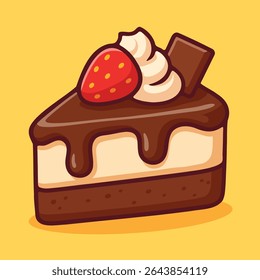 Vector illustration of a chocolate cake slice with strawberry, cream, and chocolate bar. Ideal for bakery, dessert, and sweet-themed designs.