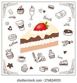 Vector illustration of chocolate cake slice with cream vanilla. Piece of chocolate cake with cream isolated. Sweet design slice with strawberry on top. Doodles background and cute frame