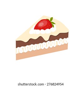 Vector illustration of chocolate cake slice with cream vanilla. Piece of chocolate cake with cream isolated on white background. Sweet design slice with strawberry on top