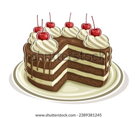 Vector illustration of Chocolate Cake, square poster with cartoon design layered chocolate cake on dish, decorated maraschino berry in twisted cream, wedding choco cake, isolated on white background