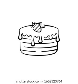 Dibujo vectorial de una tarta de chocolate con fresas extraídas a mano. Icono del vector línea negra aislada en fondo blanco para diseño, impresión