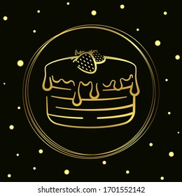 Vector illustration of a chocolate cake with strawberries from above in a circle hand-drawn. Vector icon gold line isolated on black background for design