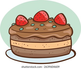 Vector illustration of chocolate cake with strawberries on top, top view