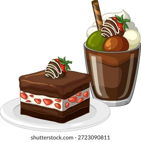 Ilustração vetorial de bolo de chocolate com morangos e um parfait em camadas sobre fundo branco