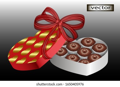 Vector illustration of chocolate candies in a box in the form of a heart red with a gold pattern gift with a bow