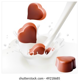 Vector illustration. Chocolate candies falling into the milky splash.