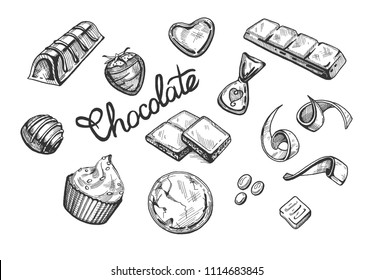 Vector illustration of a chocolate candy, bar, stripe, brownie, flakes, drops, cupcake, muffin. Vintage engraving hand drawn style.