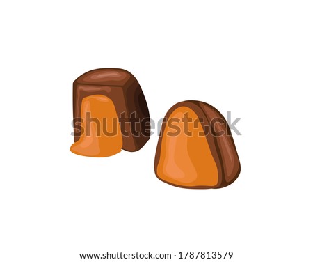 vector illustration of chocolate candy with liquid flowing filling triangular and square on isolated background
