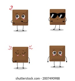 Vector illustration of chocolate character with various cute expression, funny sweet choco isolated on white background, simple minimal style, adorable for mascot collection, valentine, dessert