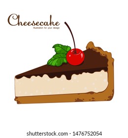 Vector illustration of a chocolate cheesecake with cherries. Color illustration of a cake.