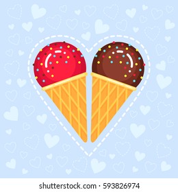 Vector illustration of chocolate and cherry ice creams on blue background with hearts