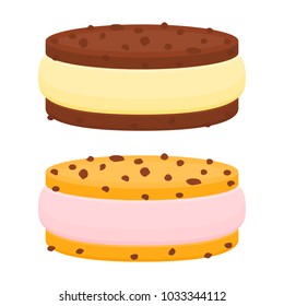 Vector Illustration Of Chocolate Chip Cookie Ice Cream Sandwich Isolated On White Background.