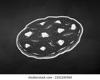 Vector illustration of Chocolate Chip Cookie. Chalk drawing isolated on chalkboard background.