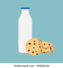 Vector illustration chocolate chip cookie and bottle of milk. Freshly baked choco cookie icon