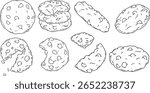 Vector illustration of chocolate chip cookies in line art style. Hand-drawn and detailed sketch perfect for bakery branding, packaging design, cafe menus, recipe books, food blogs, or dessert-themed.