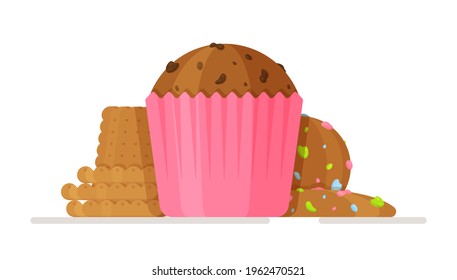 Vector illustration of chocolate chip cookies isolated on a white background. Traditional delicious pastries with pieces of chocolate in a pink glass.