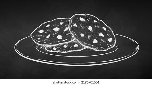 Vector illustration of Chocolate Chip Cookies on plate. Chalk drawing isolated on chalkboard background.
