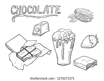 Vector illustration of chocolate. Cocoa beans, candies, bar, melted cup, covered strawberry. Melted title. Hand drawn sketch doodle style.