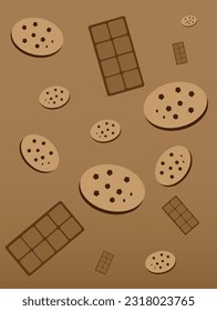 A vector illustration of chocolate cookies and chocolate bars with a brown gradient background, used as wall art, wall paper