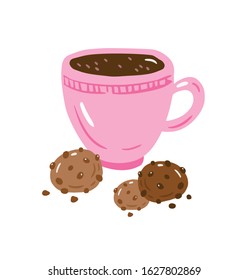 Vector illustration of chocolate cookies and cup of coffee. Illustration for poster or cards.