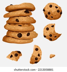 Vector illustration of chocolate cookies, stack of cookies, crumbs, pieces of cookie isolated on white background. Brown-beige colour. Bakeries, cafe, confectionery, design, elements concept.