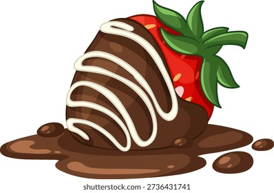 Vector illustration of a chocolate covered strawberry sitting in a pool of melted dark chocolate