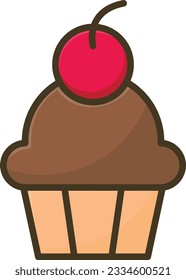 Vector illustration of a chocolate cupcake with a cherry. Dessert and pastry.