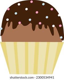 Vector illustration of chocolate cupcake with icing and sprinkles on top in cartoon style	