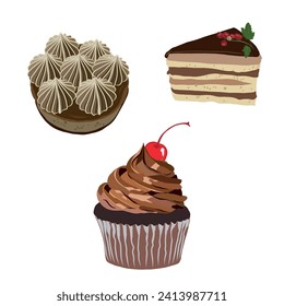 Vector illustration with chocolate cupcake, tart and cake