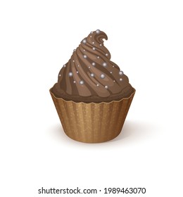 Vector illustration chocolate cupcake with whipped cream and confectionery sprinkles on white background. Isolated clipart with one sweet cake