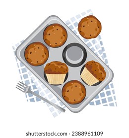 Vector illustration Chocolate cupcakes baked in a tray Collection of cute sweets isolated on a white background.