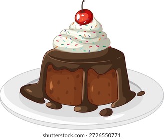 Vektorgrafik eines Schokoladendesserts mit tropfender Sauce, Schlagsahne und Sprinkles