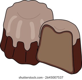 Vektorgrafik eines Schokolade-Canelé-Desserts mit einer reichen Schokolade-Glasur und glatter Kakaofüllung.