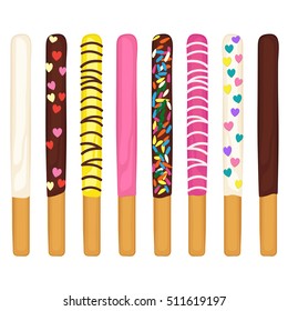 Vector illustration of chocolate dipped cookie sticks on white background.