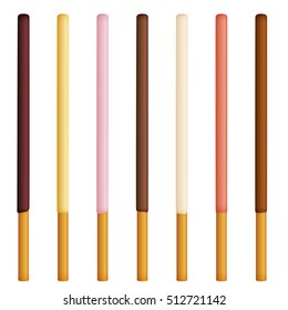 Vector illustration of chocolate dipped cookie sticks on white background. White and brown chocolate snacks.