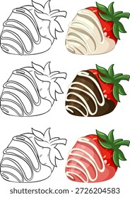 Ilustração vetorial de morangos mergulhados em chocolate, incluindo versões coloridas e arte de linhas em preto e branco