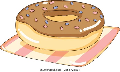 vector illustration of chocolate doughnut with sprinkles on the top, cute sticker and doodle for kids, snack time, dessert time isolated on transparent background